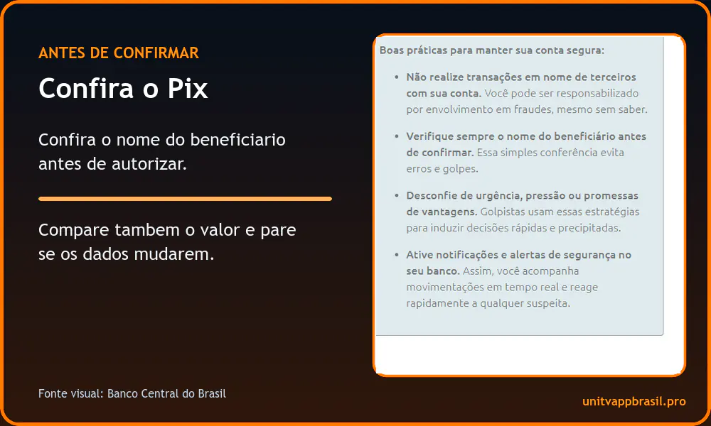 Orientação do Banco Central para conferir o nome do beneficiário antes de confirmar um Pix