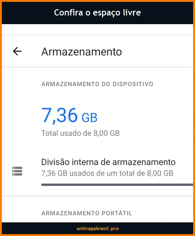 Tela de armazenamento do Android mostrando espaço usado e capacidade total