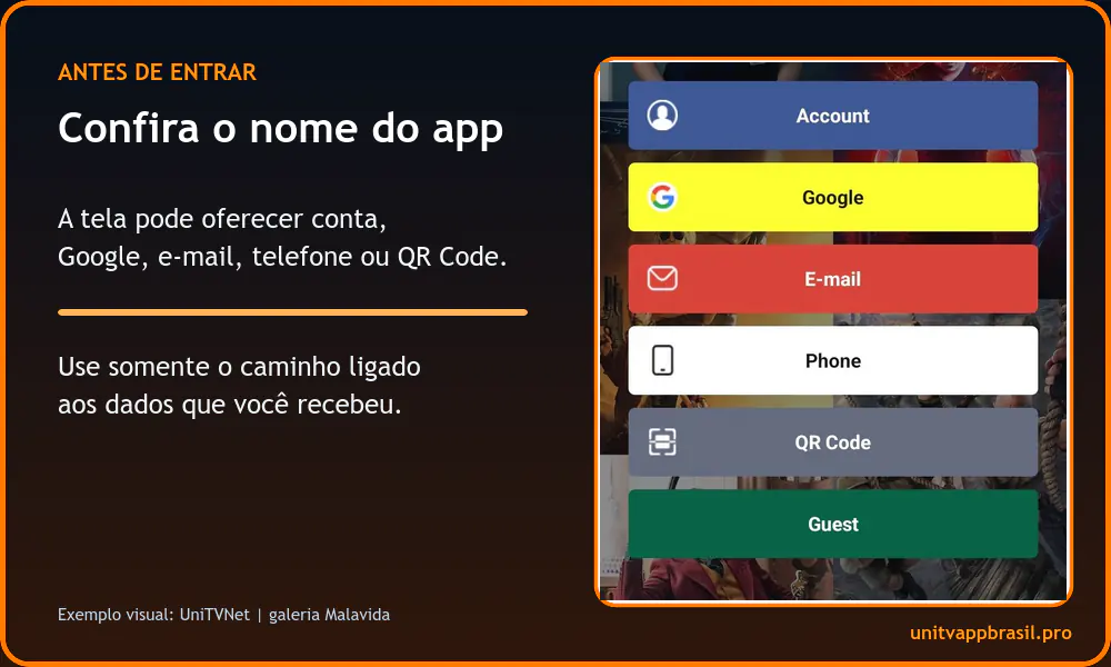 Tela real do UniTVNet com opções de conta, Google, e-mail, telefone e QR Code para comparar o método de login