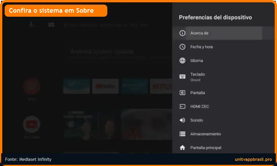 Tela de Preferências do dispositivo no Android TV com a opção Sobre selecionada