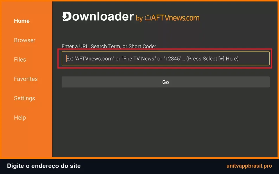 Tela do Downloader no Fire Stick com campo para digitar o endereço do site