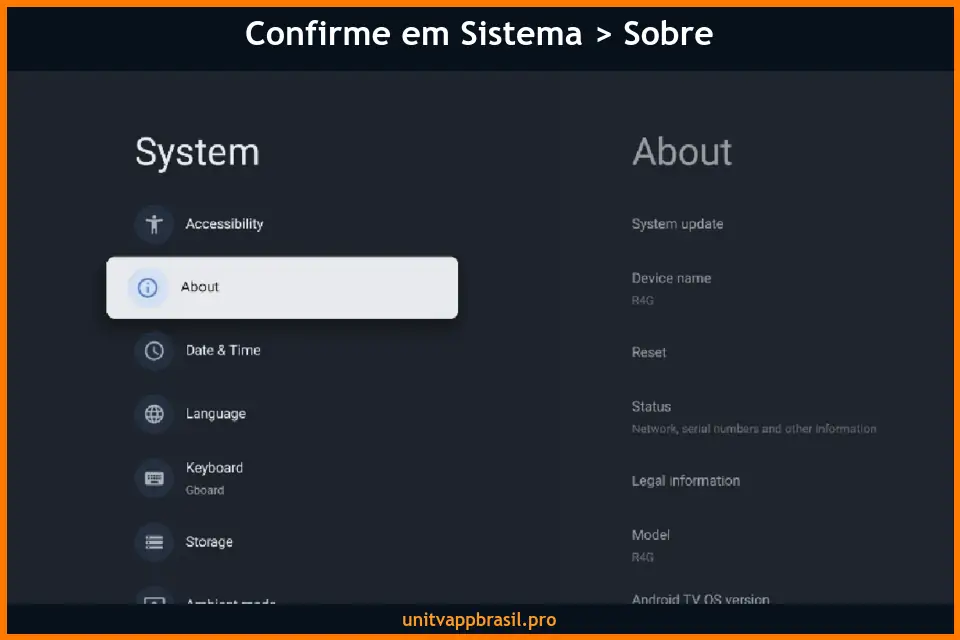 Tela real do Google TV com o menu Sistema e a opção Sobre