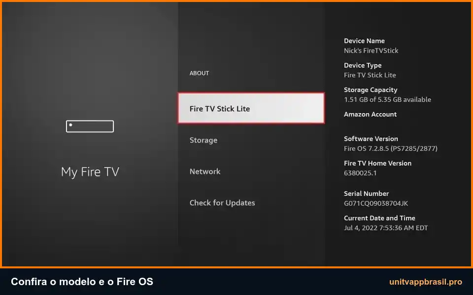 Tela Sobre do Fire TV com nome do dispositivo, versão do Fire OS e armazenamento