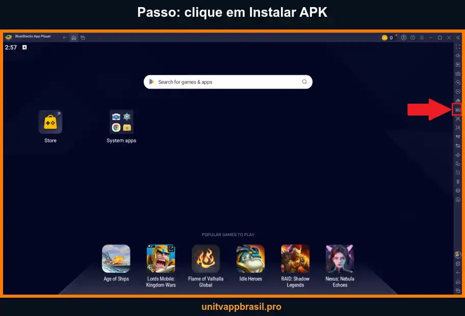 Tela real do BlueStacks com o botão Instalar APK destacado