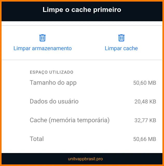 Tela do Android com as opções Limpar cache e Limpar armazenamento do UniTV