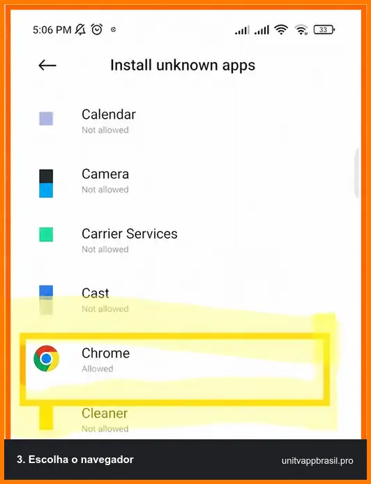 Seleção do navegador na permissão de instalação do Android