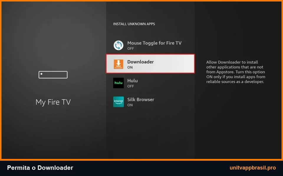 Tela do Fire OS com permissão do Downloader ativada para instalar APK
