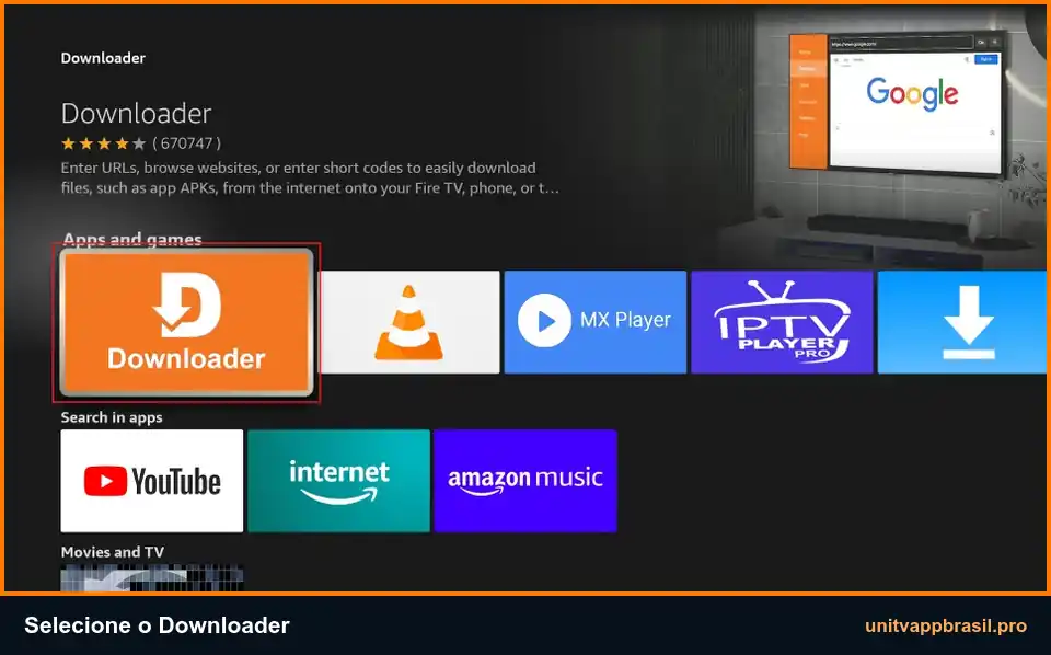 Downloader selecionado nos resultados da Amazon Appstore no Fire TV