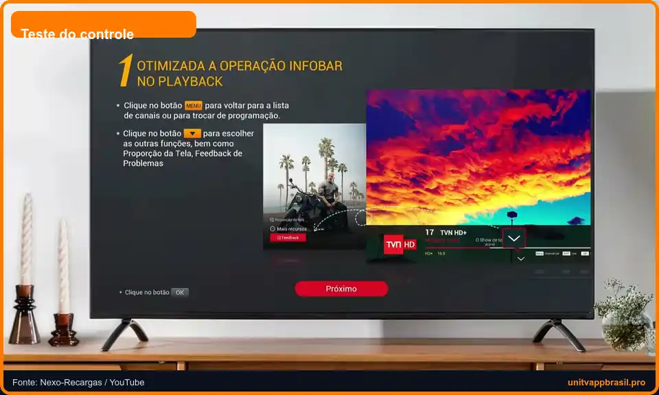 Tutorial do UniTV para testar a navegação com o controle remoto